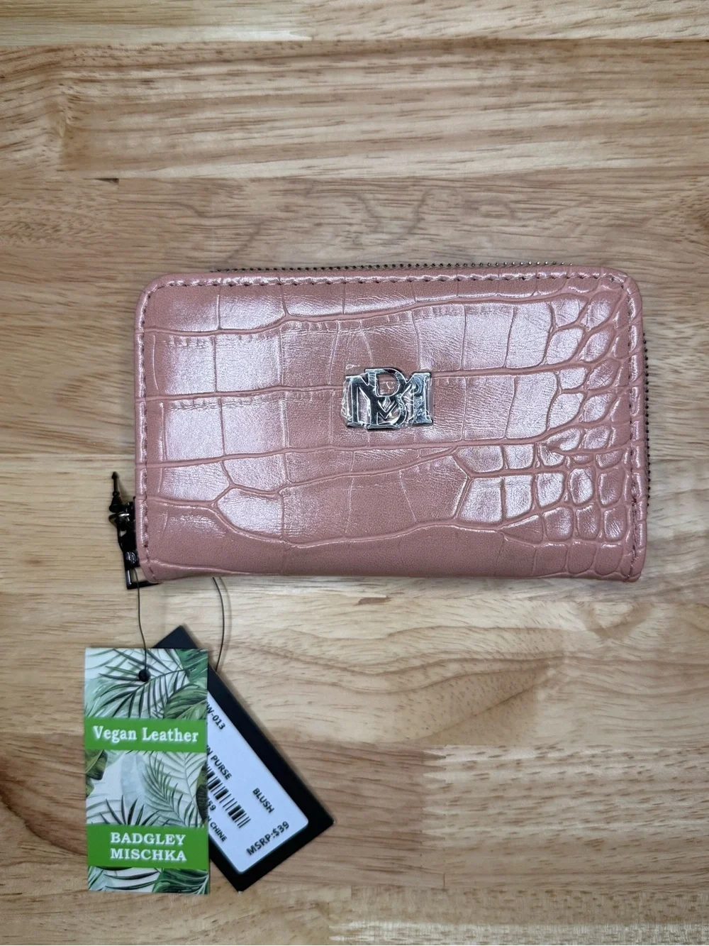 Badgley Mischka Croco Coin Purse Wallet Blush Pink Vegan Leather NWT $39